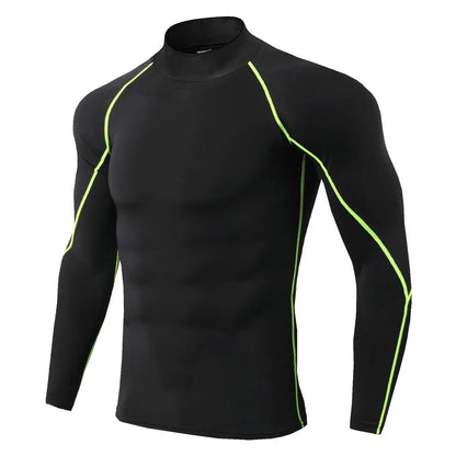 Black long-sleeve shirt with green accents on a white background