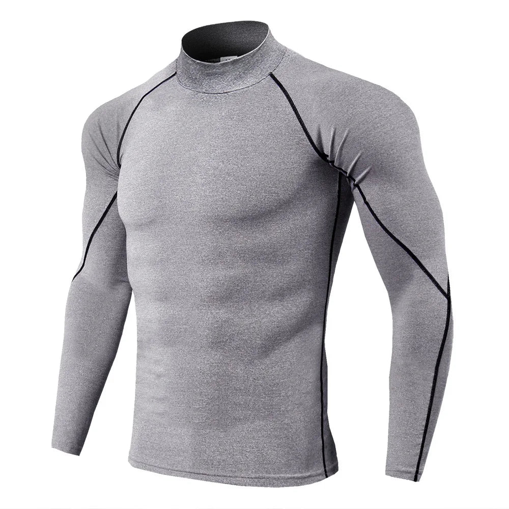 Gray long-sleeve athletic shirt with black accents on a white background