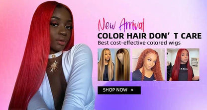 Promotional banner for colored wigs with a woman wearing red hair, text 'Color Hair Don't Care' on a pink and purple gradient background.