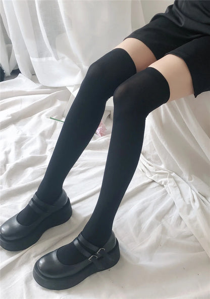 Black and white knee-high Lolita socks for women, thin breathable over-the-knee stockings