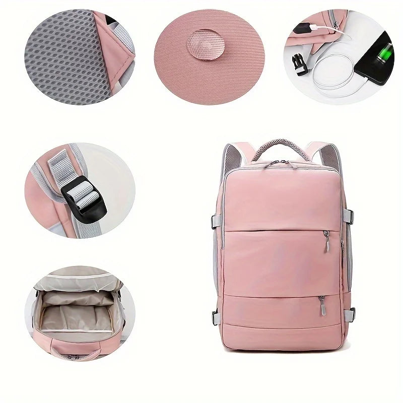 Pink backpack with close-up details on a white background