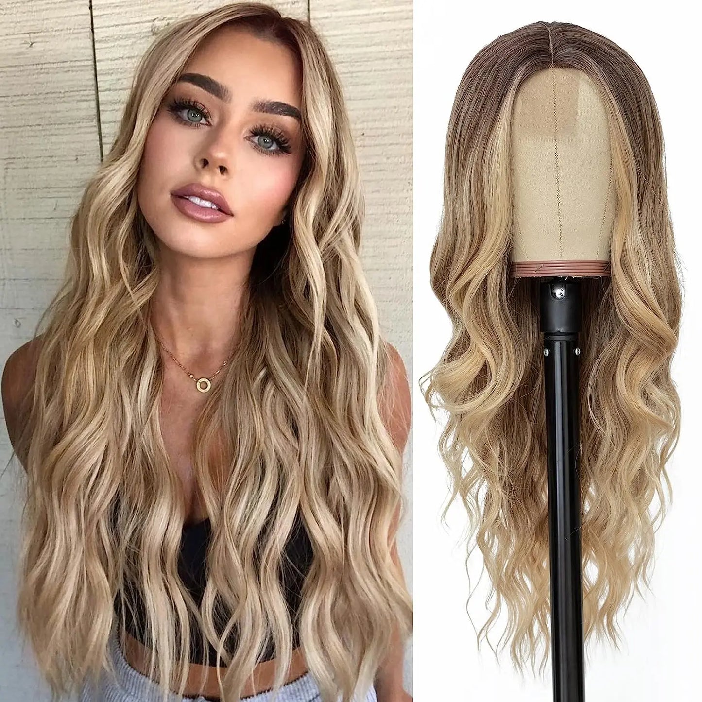 Side-by-side comparison of a woman with long blonde hair and a wig on a mannequin head.