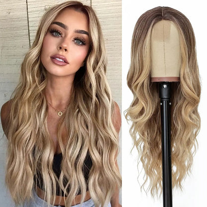 Side-by-side comparison of a woman with long blonde hair and a wig on a mannequin head.