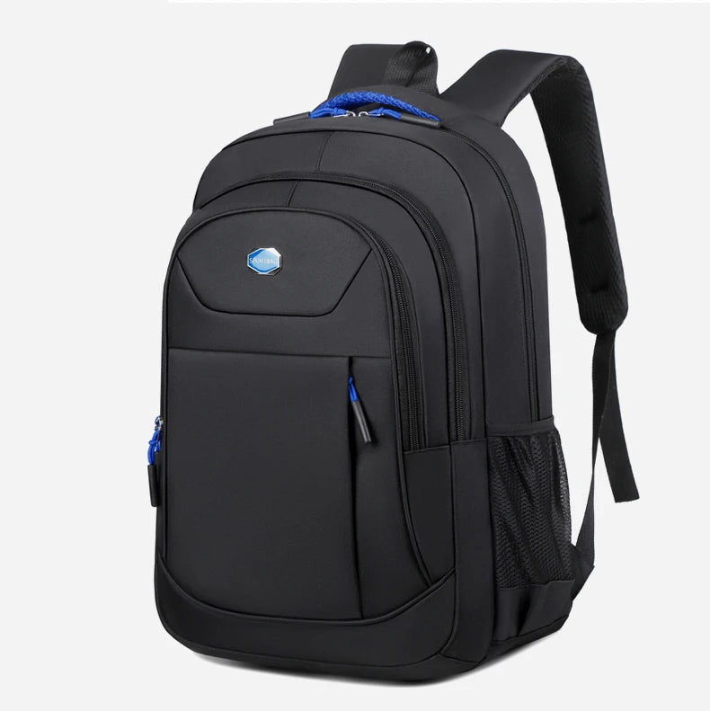 Black backpack with blue accents on a white background