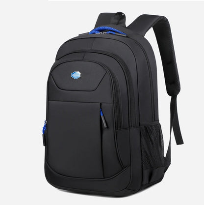 Black backpack with blue accents on a white background