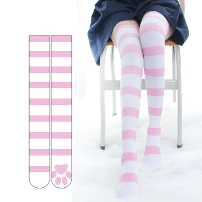 Pink kawaii cat paw over knee socks with striped Lolita design for women