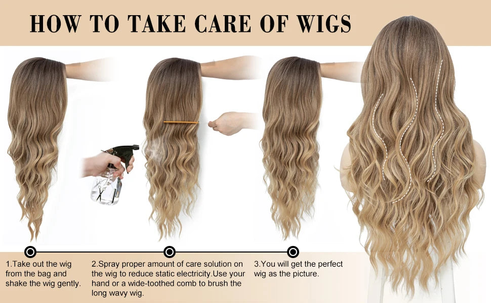 Step-by-step guide on how to take care of wigs with illustrations and text.