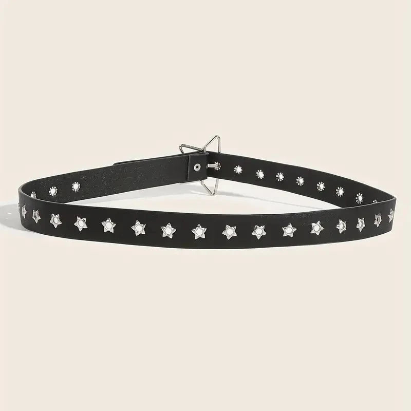 Y2K punk star eyelet PU leather belt with black rivets for women and men