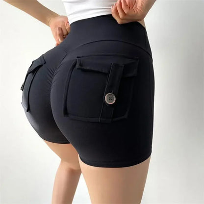 Women’s peach butt cargo yoga pants with air-dry pockets – breathable three-quarter fitness shorts