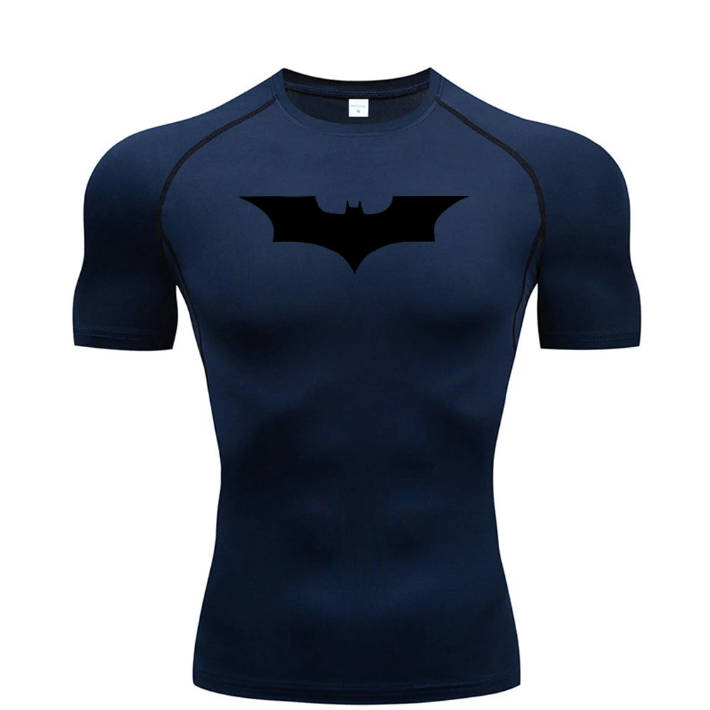 Navy blue t-shirt with a black bat symbol on a white background