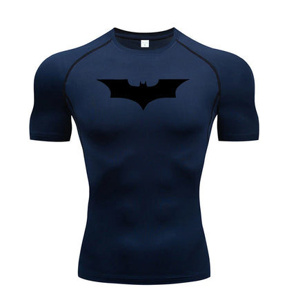 Navy blue t-shirt with a black bat symbol on a white background