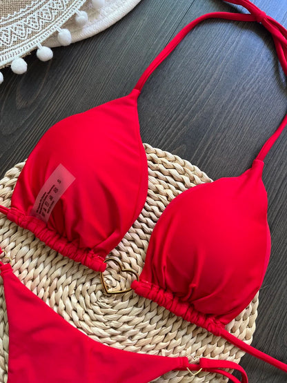 Sexy halter bikini set with Brazilian thong bottoms – women’s two-piece solid color swimwear