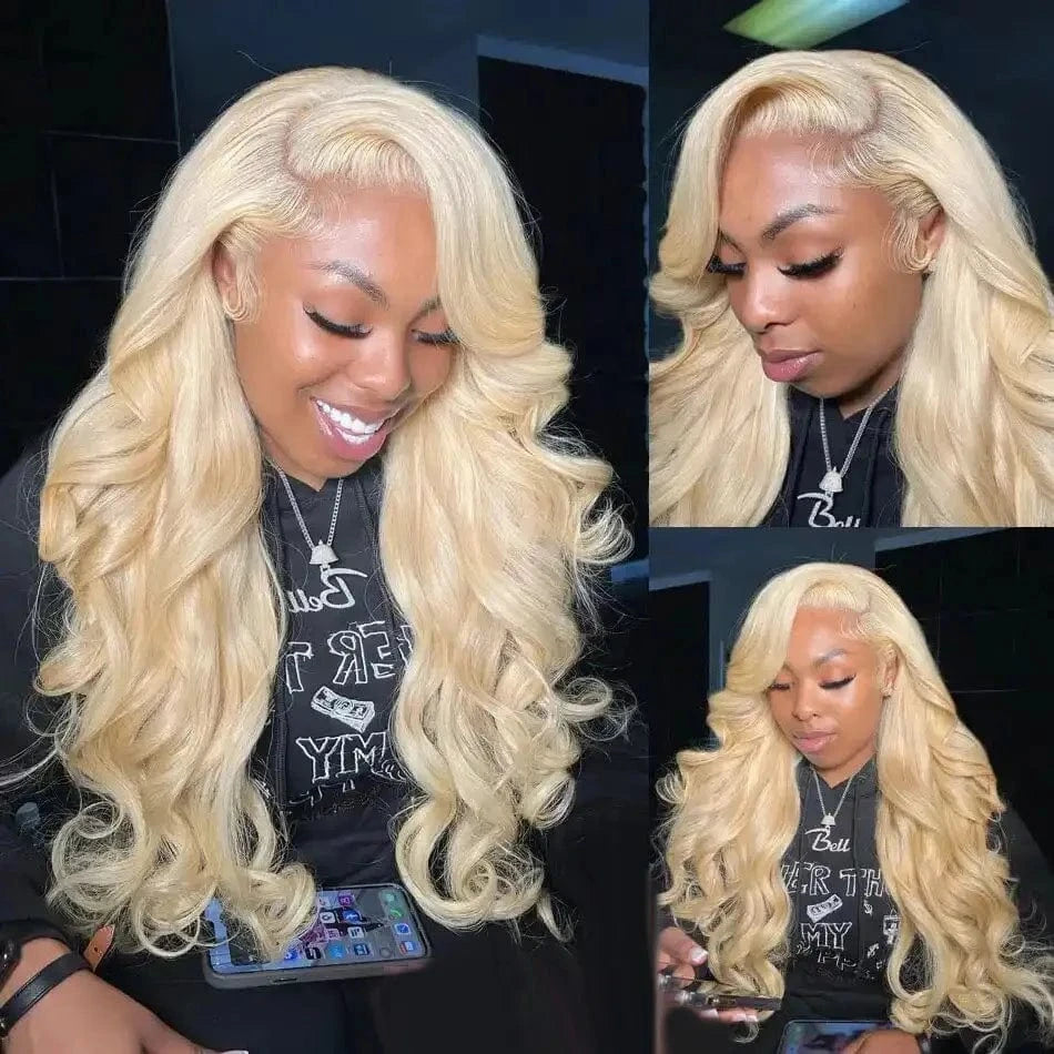Woman with long blonde hair using a smartphone, with a dark background.