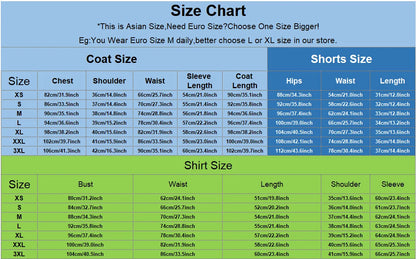 Size chart for coats, shorts, and shirts with measurements in centimeters.