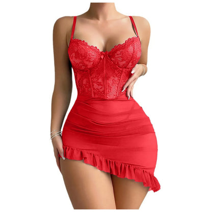 Transparent underwire bra with sexy fairy lace lingerie nightdress set for women