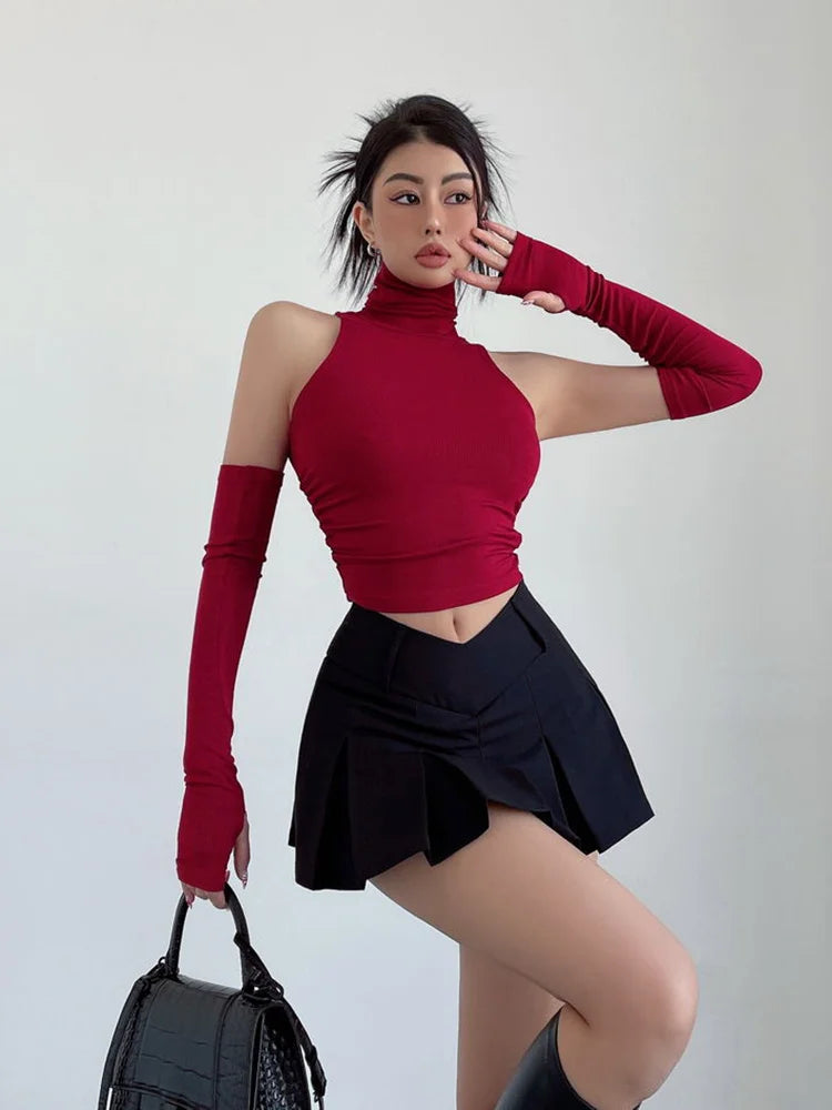 Sexy high neck pleated sleeveless crop tank top for women, Y2K clubwear and streetwear