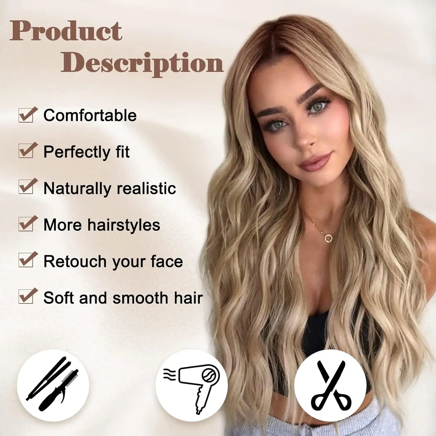 Woman with long blonde hair and product features listed on a beige background