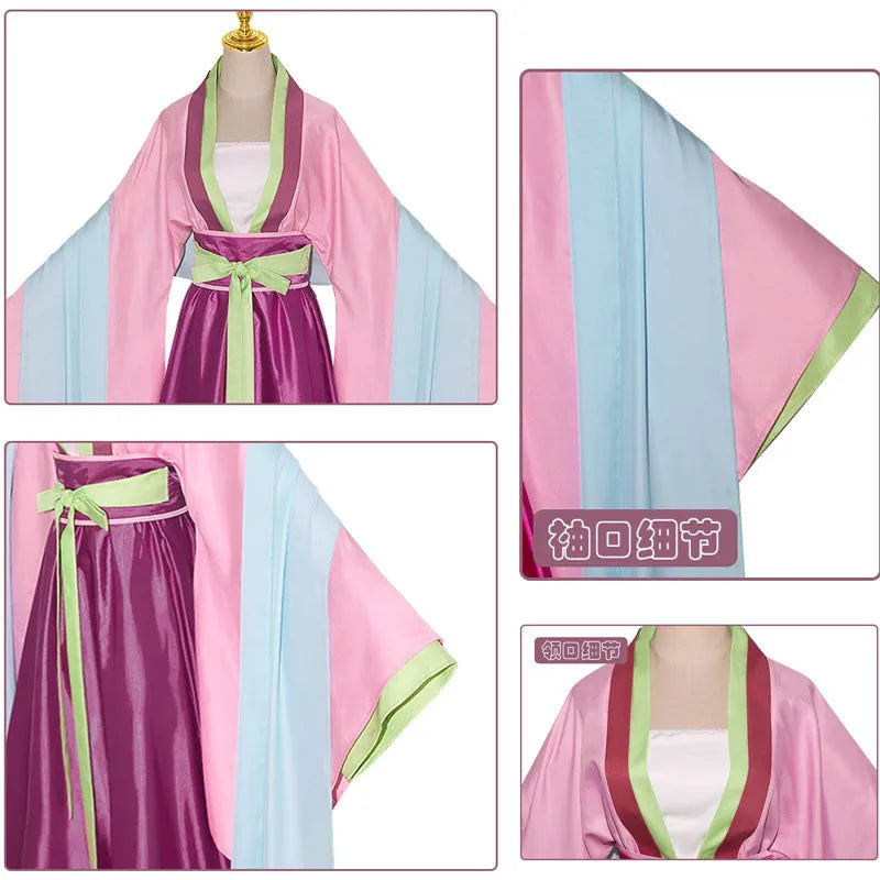 Traditional outfit with pink and purple elements on a mannequin, showing袖口细节 (sleeve cuff details) in close-up.