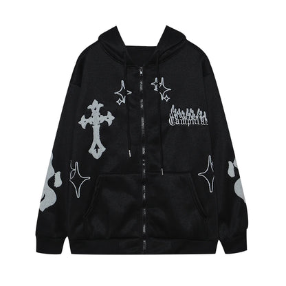 Black hoodie with white star and cross designs on a white background