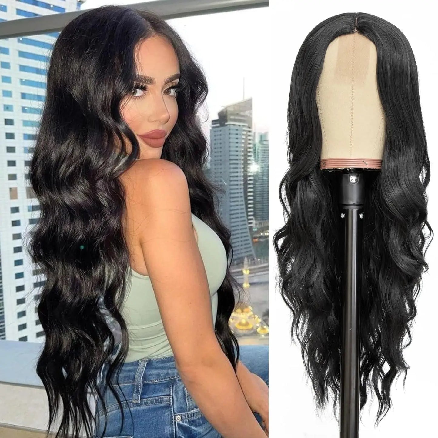 Woman with long wavy hair next to a wig on a mannequin head.