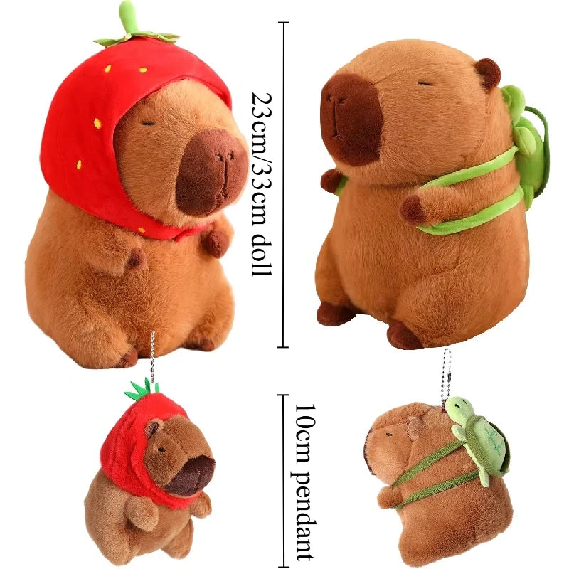 Plush toy bear with strawberry hat and bamboo outfit, showing different sizes and a pendant version.
