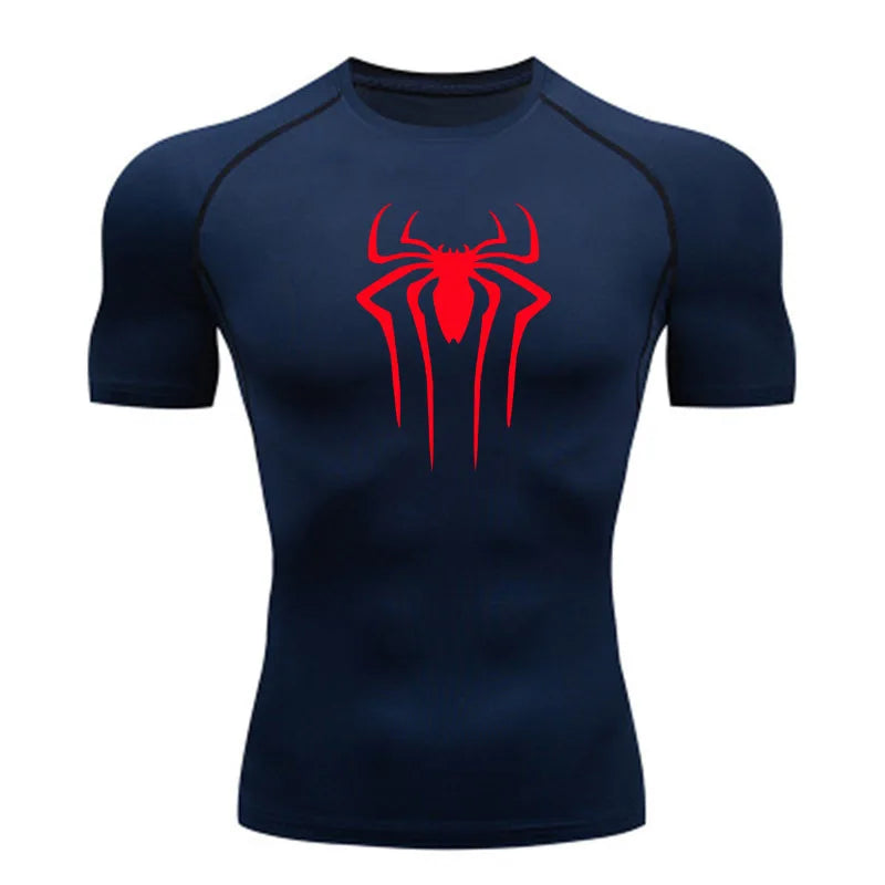 Navy blue t-shirt with a red spider logo on a white background