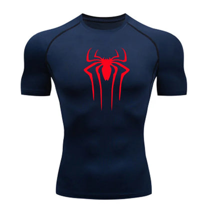 Navy blue t-shirt with a red spider logo on a white background