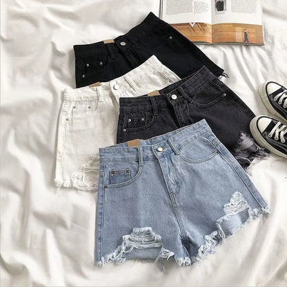 Women’s Korean high-waist ripped denim shorts with tassel pocket detail in blue