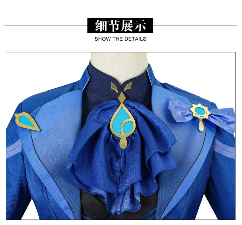 Blue costume with decorative elements on a mannequin against a white background