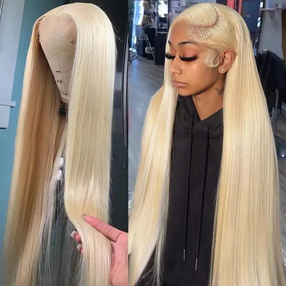 Blonde wig displayed on a mannequin head with close-up of hair texture.