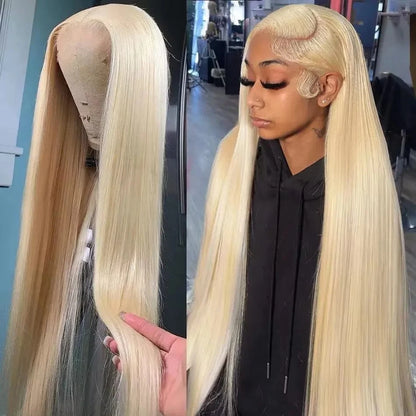 Blonde wig displayed on a mannequin head with close-up of hair texture.