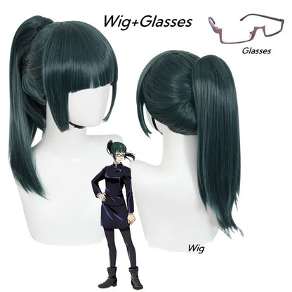 Green wig with ponytails on a mannequin head, with glasses displayed separately.