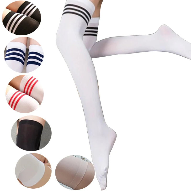 Women’s thigh high striped nylon socks, sexy over-the-knee long stockings, and leg warmers