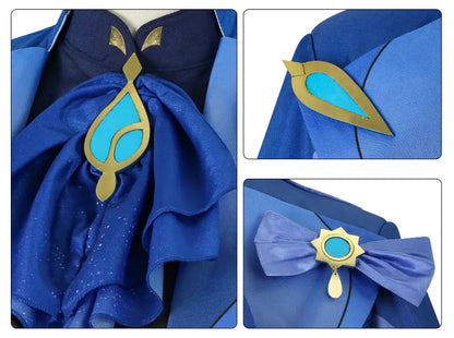 Close-up of a blue garment with decorative elements featuring gold and turquoise accents.