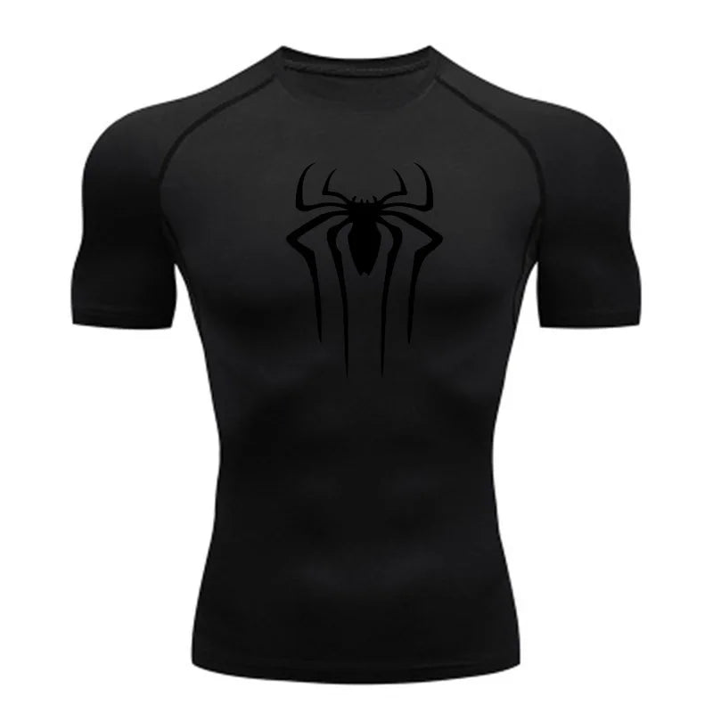 Black t-shirt with a spider logo on a white background