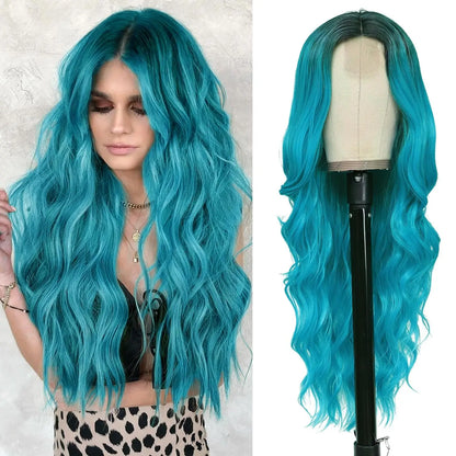 Blue wig worn by a person on the left and on a mannequin head on the right.