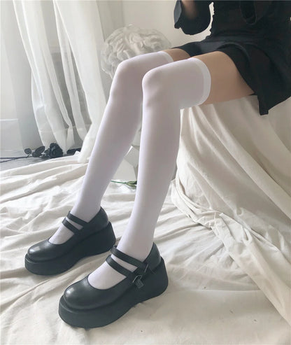 Black and white knee-high Lolita socks for women, thin breathable over-the-knee stockings