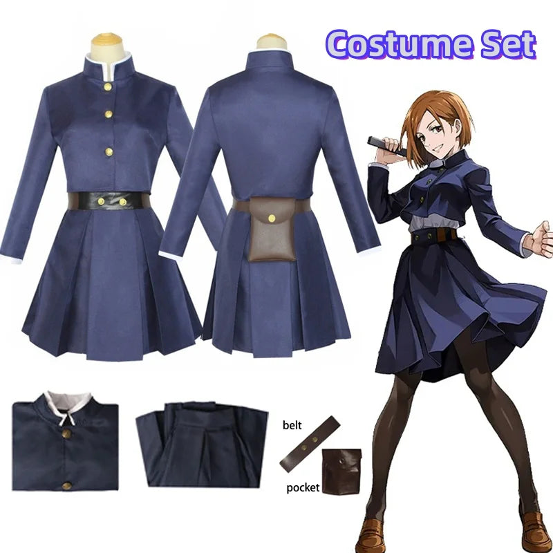 Blue costume set with jacket, skirt, belt, pocket, and character illustration.