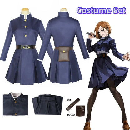 Blue costume set with jacket, skirt, belt, pocket, and character illustration.