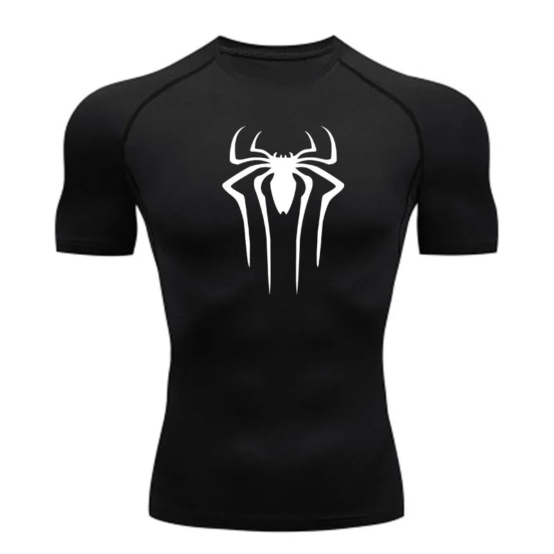 Black t-shirt with a white spider logo on a white background