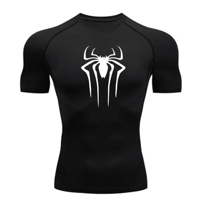 Black t-shirt with a white spider logo on a white background