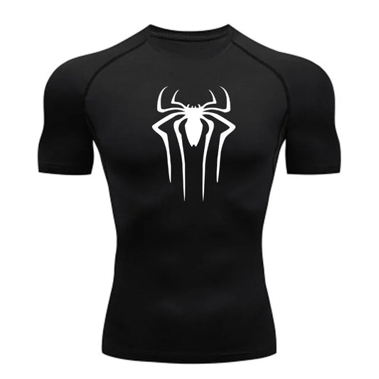 Black t-shirt with a white spider logo on a white background