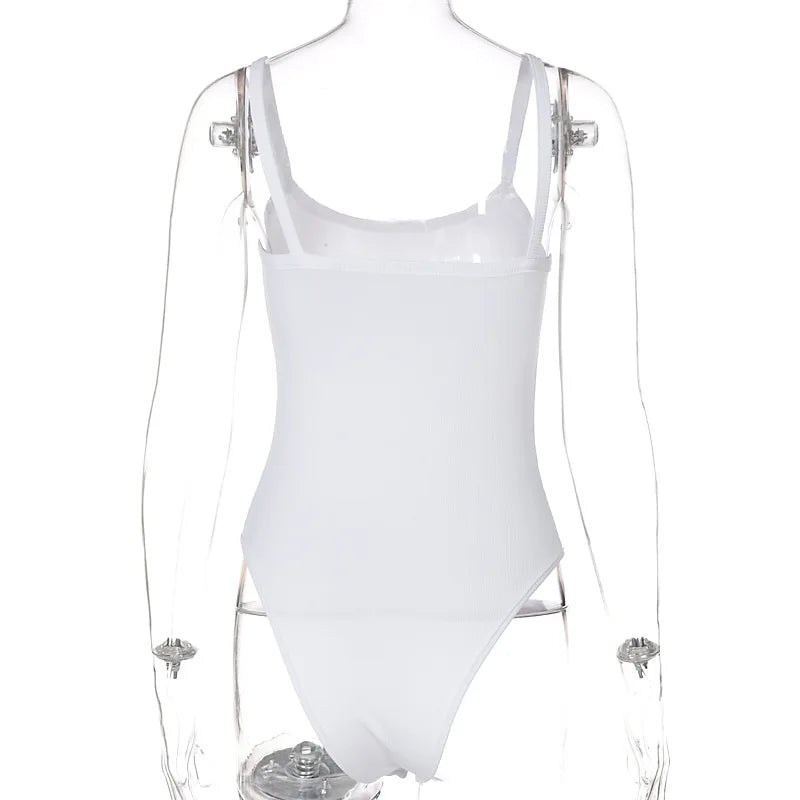 Women’s white strap solid bodycon sleeveless summer bodysuit, slim fit casual top