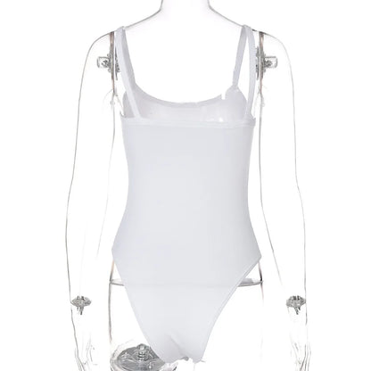 Women’s white strap solid bodycon sleeveless summer bodysuit, slim fit casual top