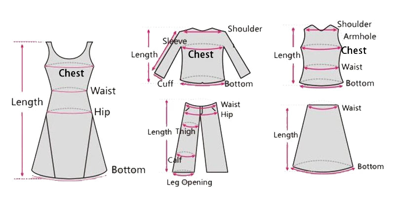 Measurement chart for clothing with labeled parts and dimensions.