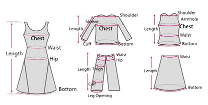 Measurement chart for clothing with labeled parts and dimensions.
