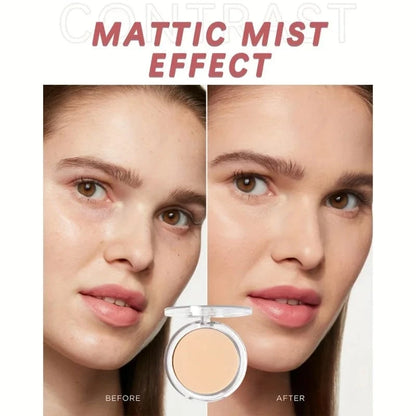 Before and after comparison of a woman's face with a compact powder, highlighting the mattic mist effect.