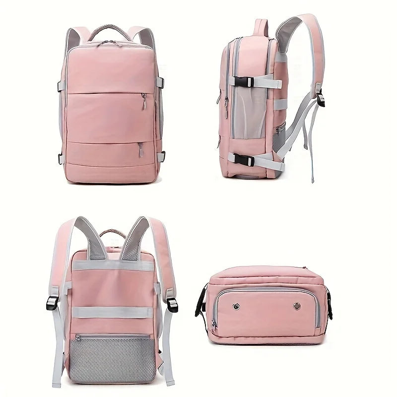 Pink backpack shown from multiple angles on a white background