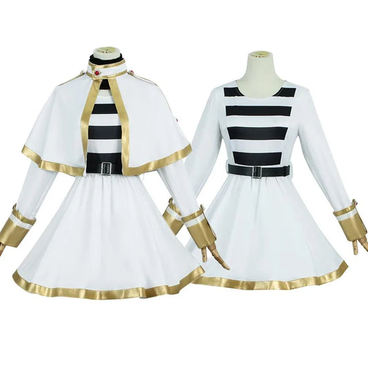 White outfit with black and gold accents on mannequins against a white background