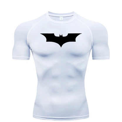 White t-shirt with black bat symbol on a white background